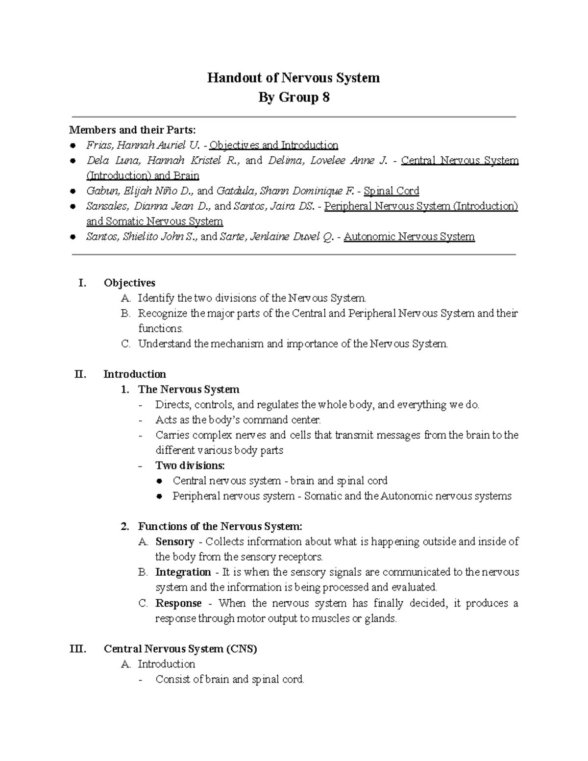 Nervous System - Lecture Notes 1: Comprehensive Overview and Functions ...