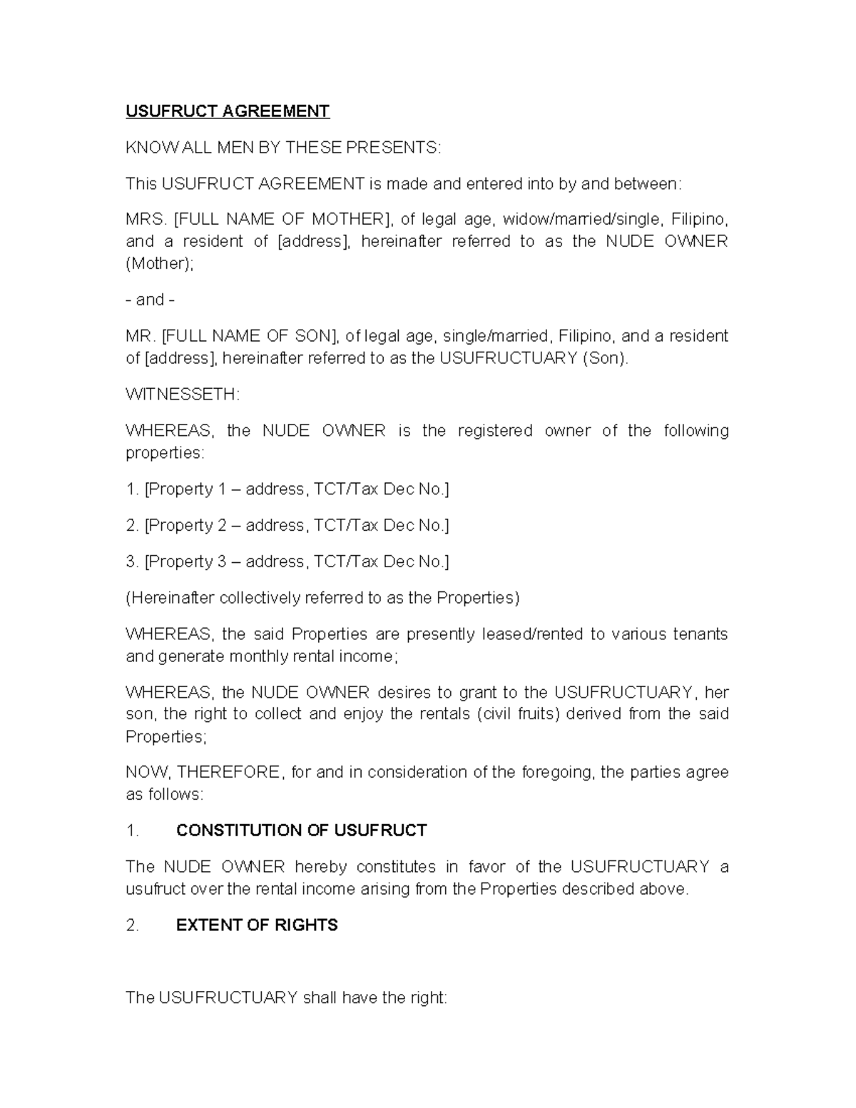Usufruct Agreement: Rights and Obligations Overview - Studocu