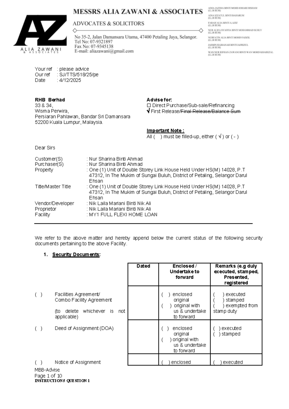 Letter of Advice for MY1 Full Flexi Home Loan - RHB Berhad - Studocu
