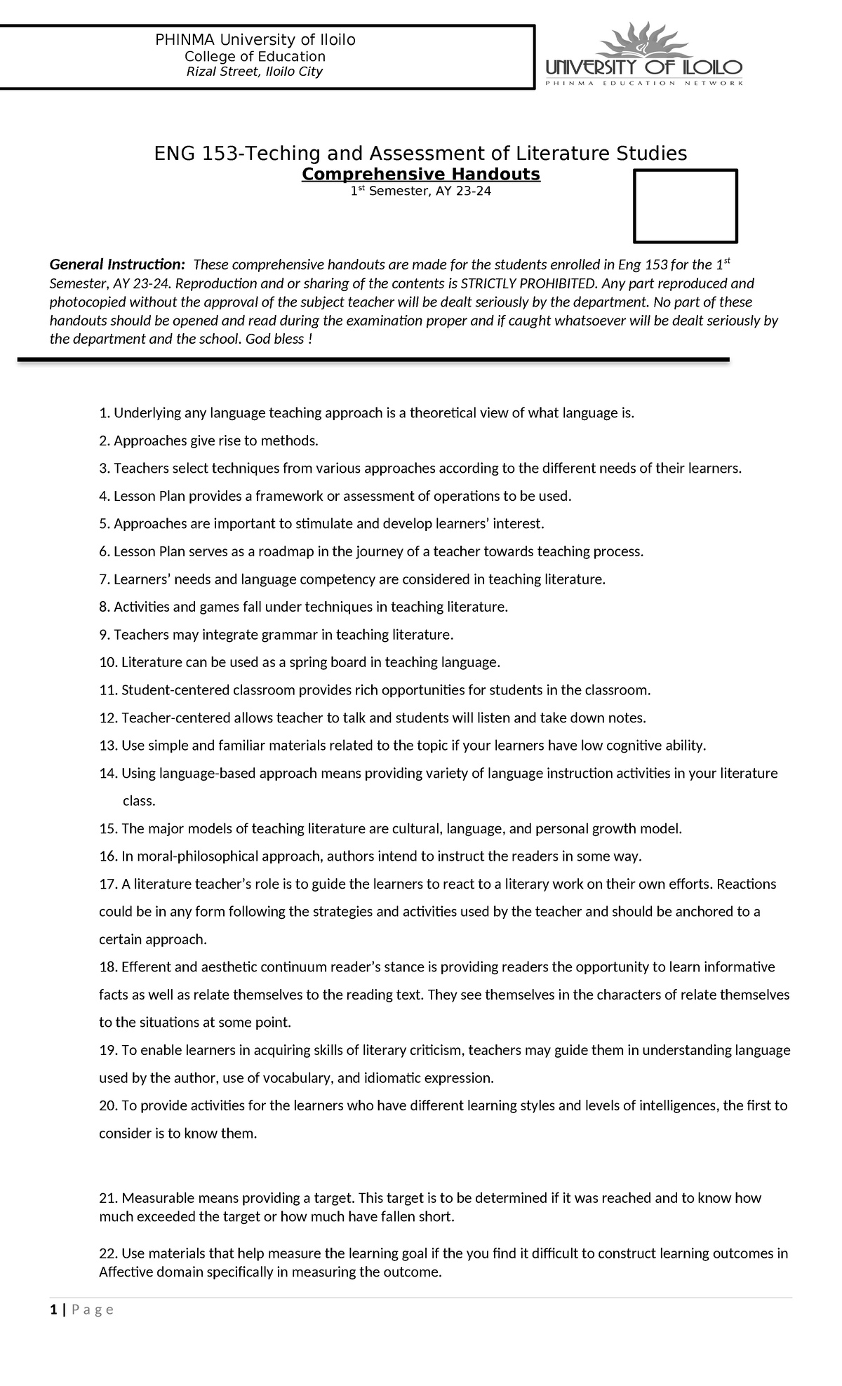 P3 ENG 153 Comprehensive Handouts for Literature Studies - Studocu