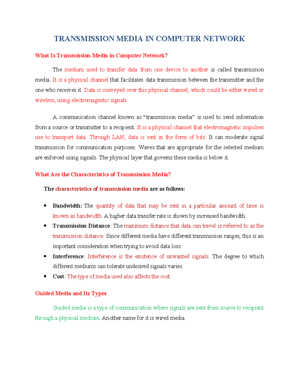 9.CS101 Transmission Media Notes: Characteristics & Types - Studocu