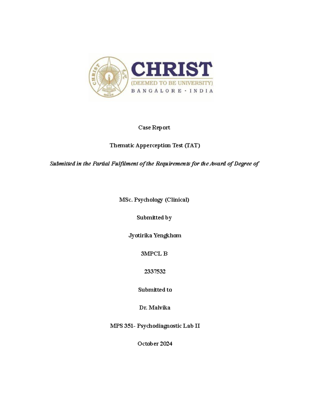 TAT 2337532 - Case Report on Thematic Apperception Test (TAT) Stories ...