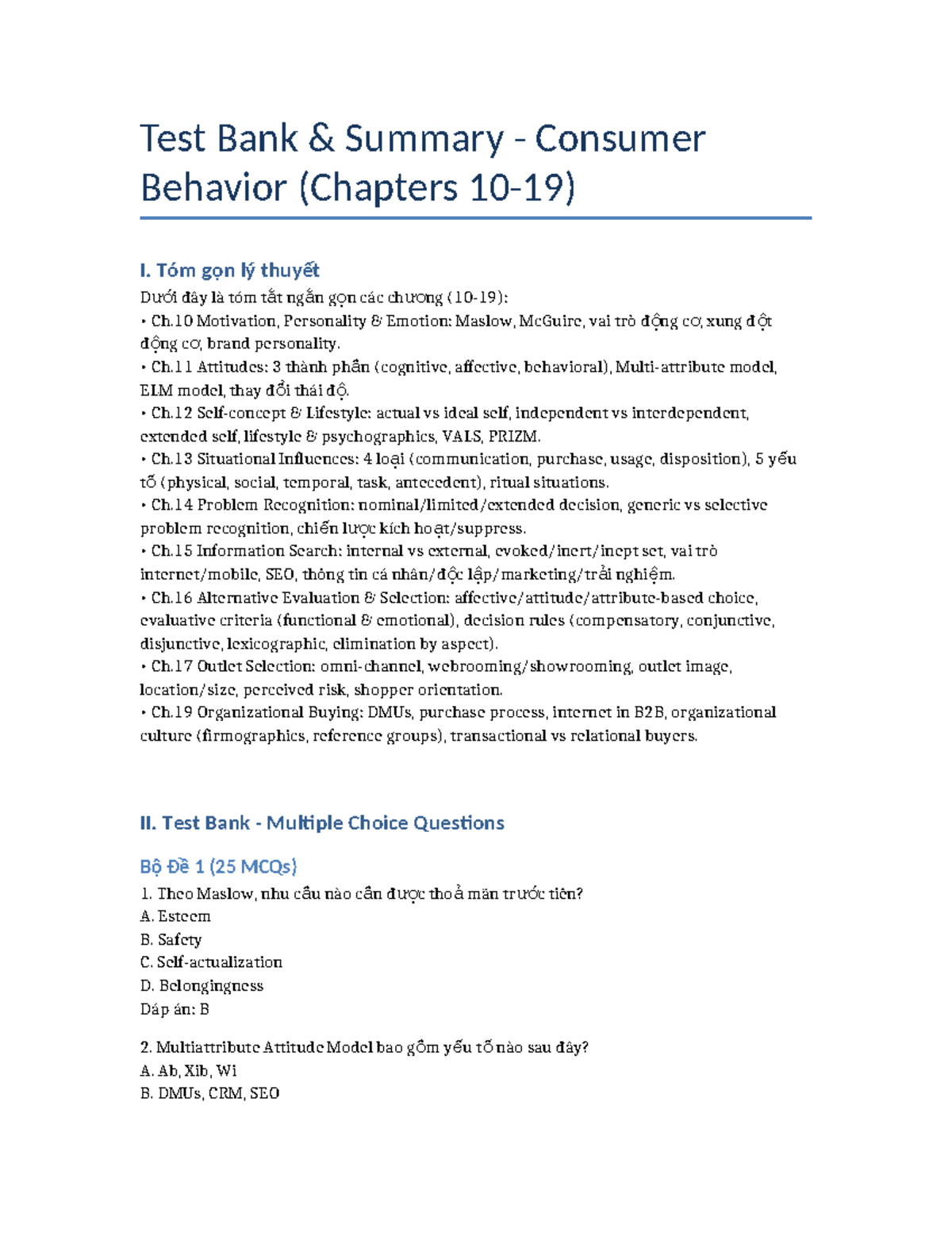 Test Bank & Summary - Consumer Behavior (Ch. 10-19) - Studocu
