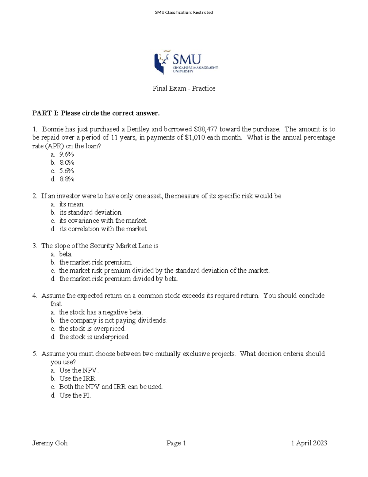 FNCE101 2026 Final Exam Practice Questions and Answers - Studocu