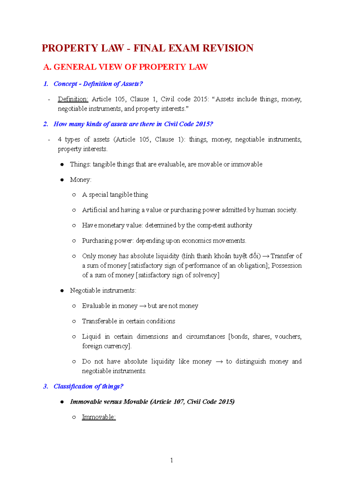 Property LAW - Final EXAM Review Notes on Assets and Ownership - Studocu