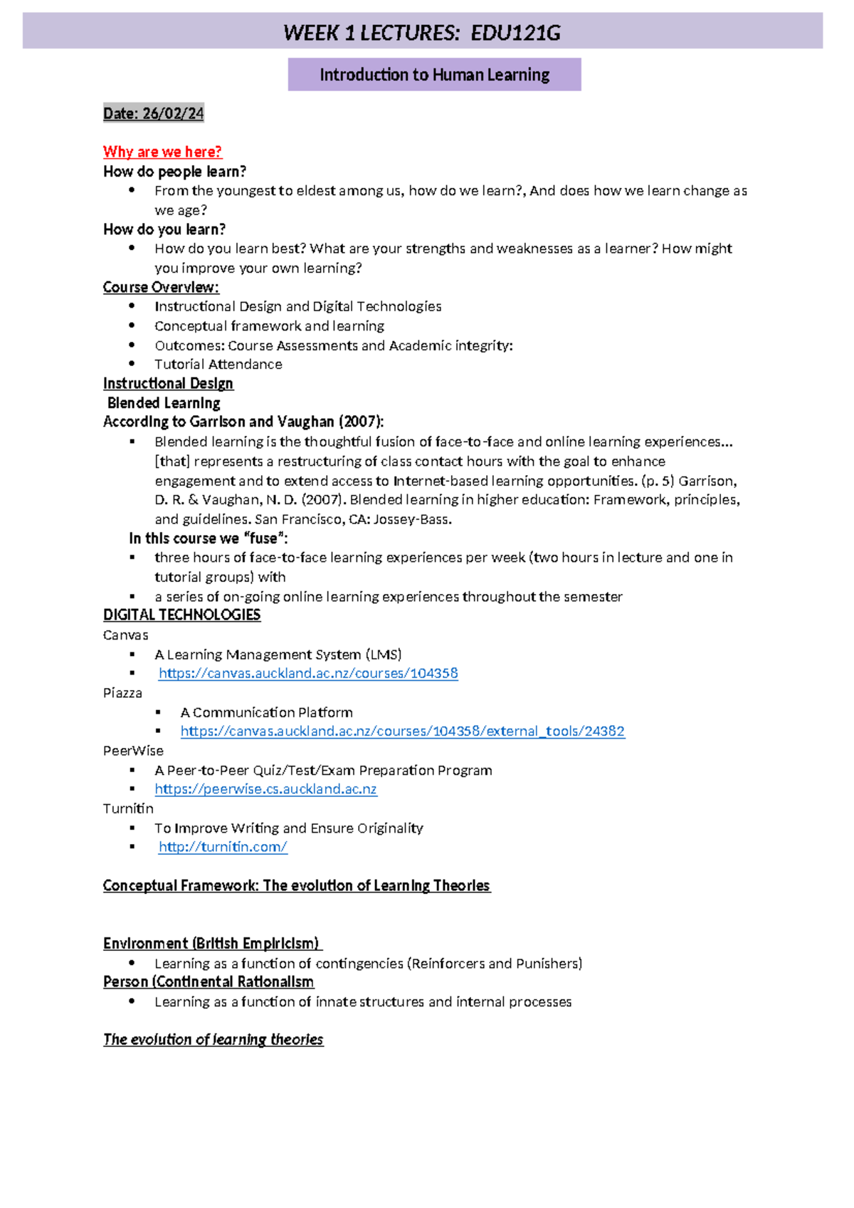 Week 1 Lecture Notes: Introduction to Human Learning - EDU121 - Studocu