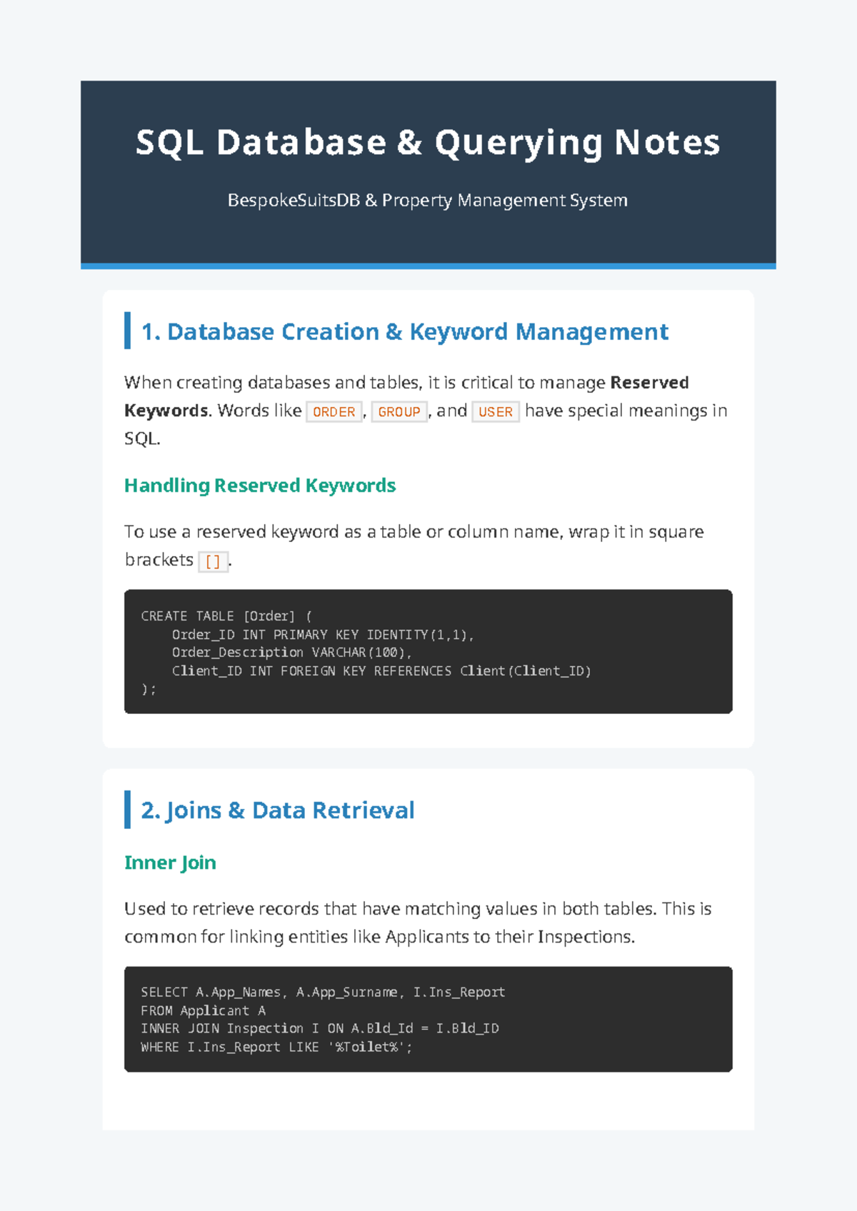 SQL Database Study Notes: Querying & Management for BespokeSuitsDB ...