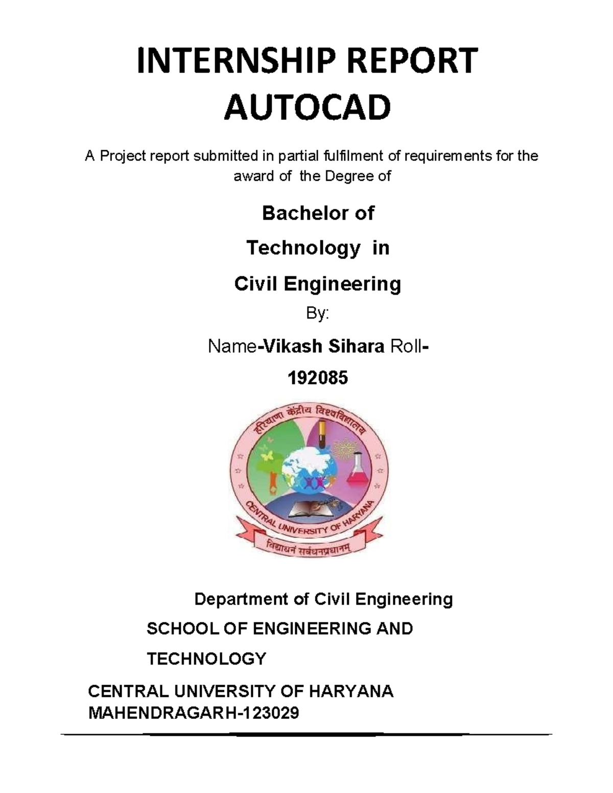 AutoCAD Project Report - Internship Experience by Vikash Sihara (192085 ...