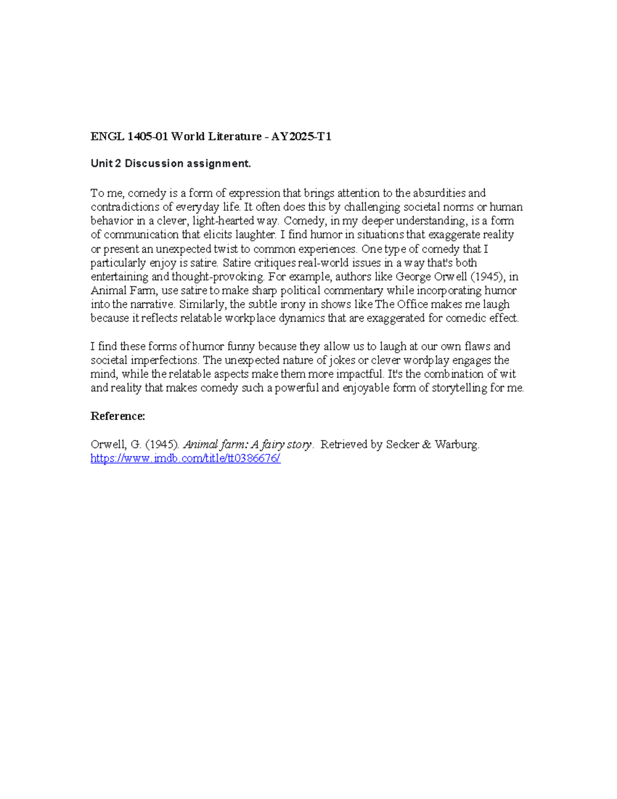 ENGL 1405 - best - ENGL 1405-01 World Literature - AY2025-T Unit 2 ...