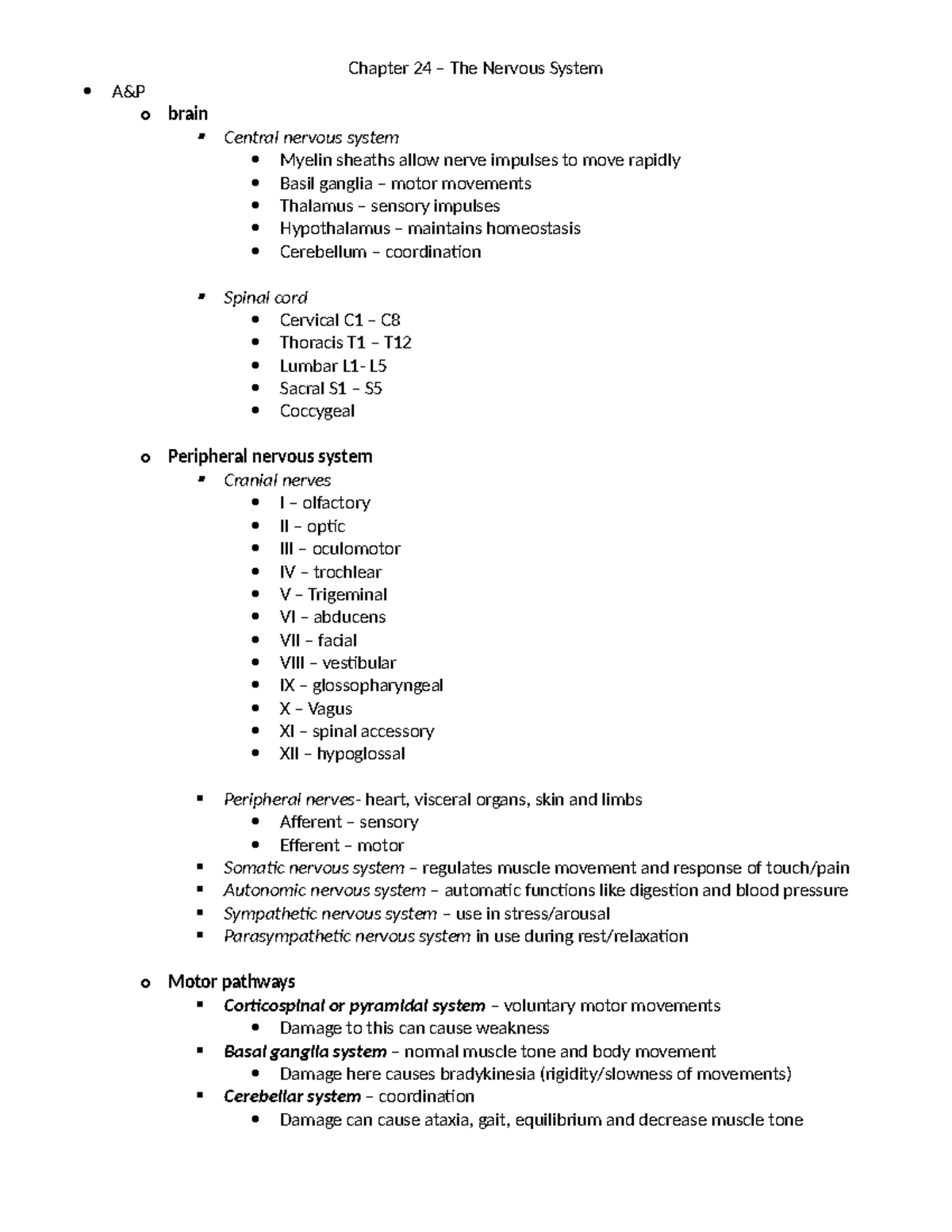 Ch 24 - Nervous System Overview: Key Concepts & Outline - Studocu