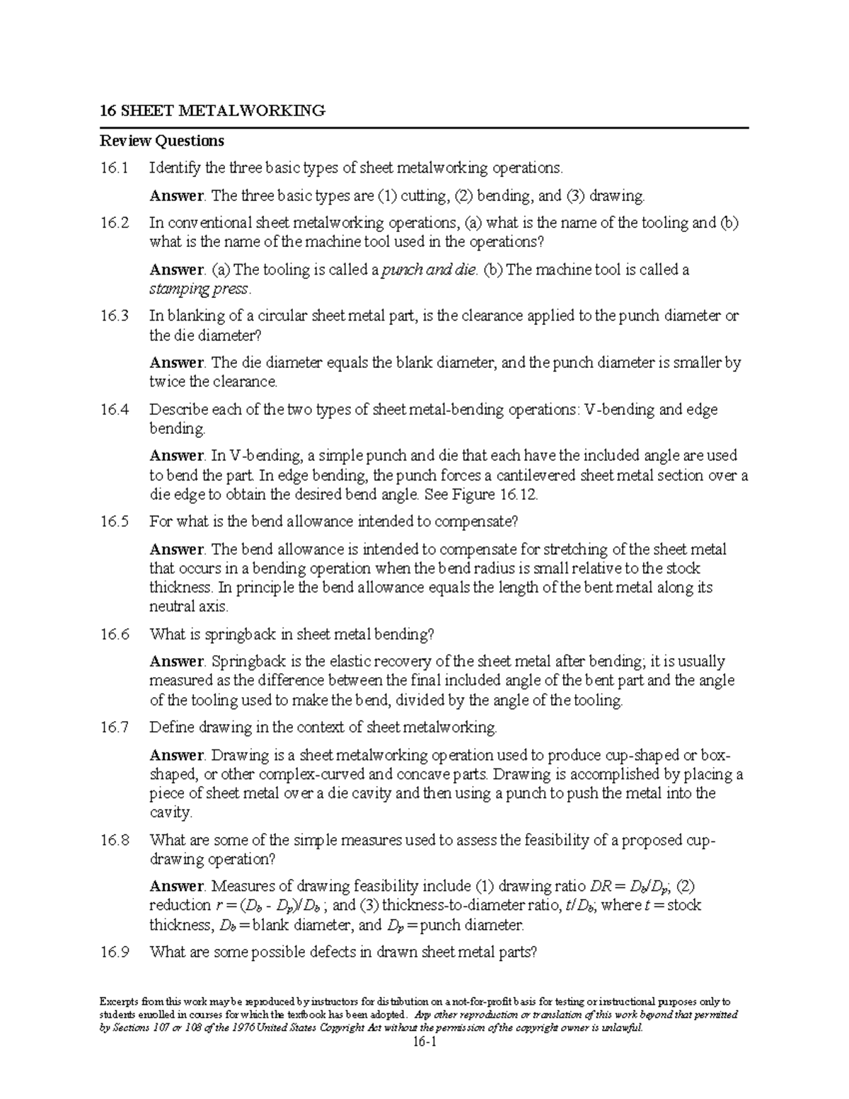 Ch16 - Sheet Metalworking Review Questions and Answers - Studocu