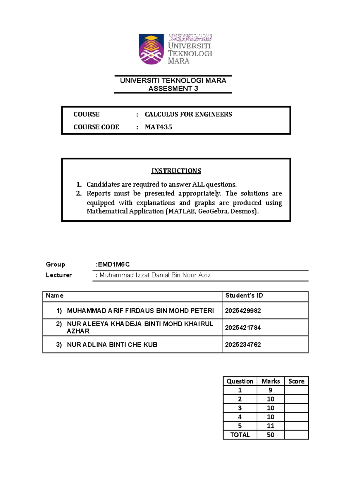 Assessment 3 - Group Assignment for MAT435: Calculus for Engineers ...