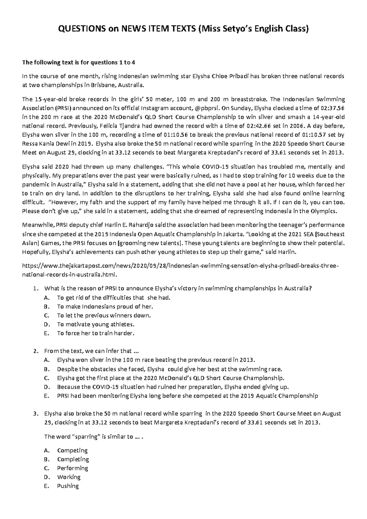 Questions on News Item Texts (Miss Setyo's English Class) - Studocu