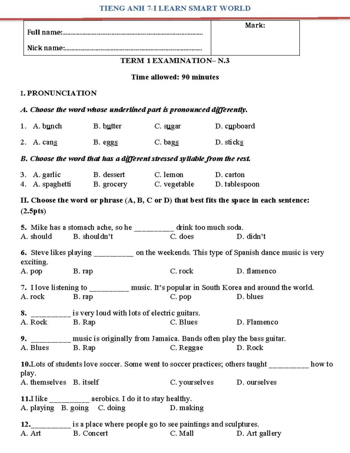 TIENG ANH LEARN SMART WORLD - Final Exam Review N3 - Studocu