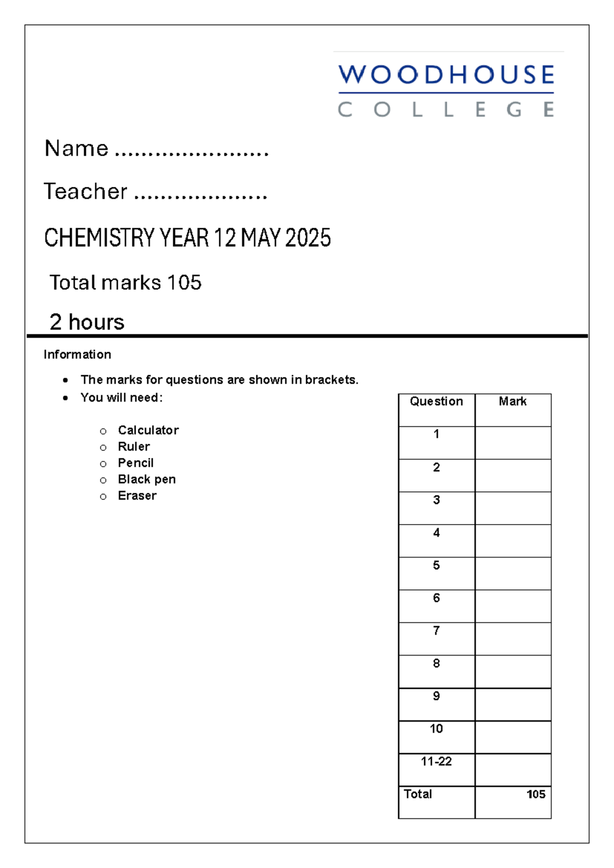 6L Chemistry Mock Exam Practice - May 2025 - Studocu