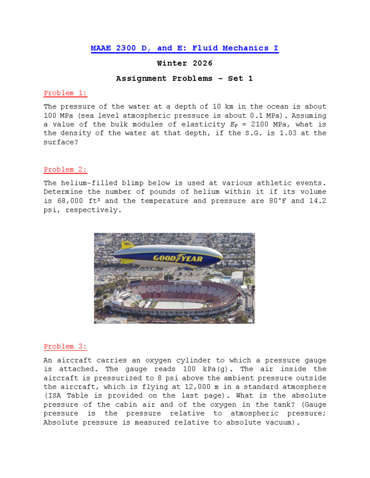 MAAE 2300 D, E: Fluid Mechanics I Winter 2026 Assignment Problems Set 1 ...