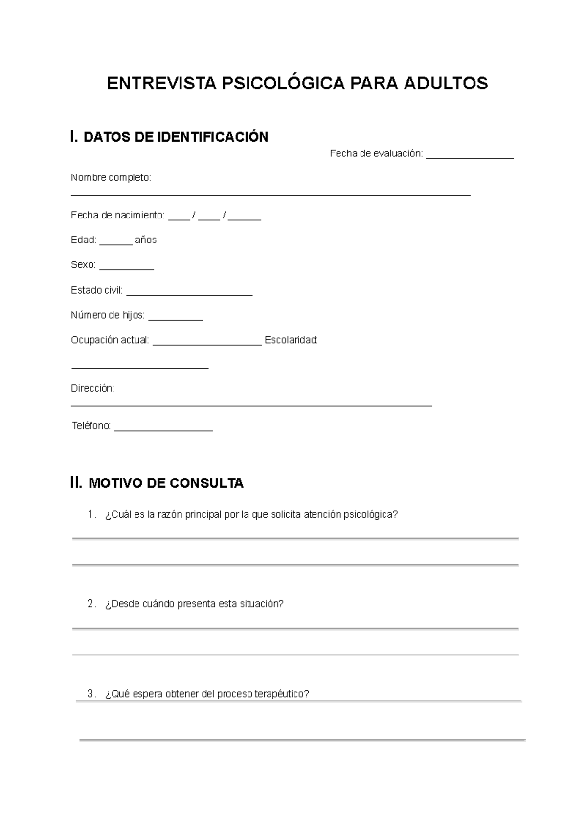 Entrevista Psicológica para Adultos I: Formulario de Evaluación - Studocu