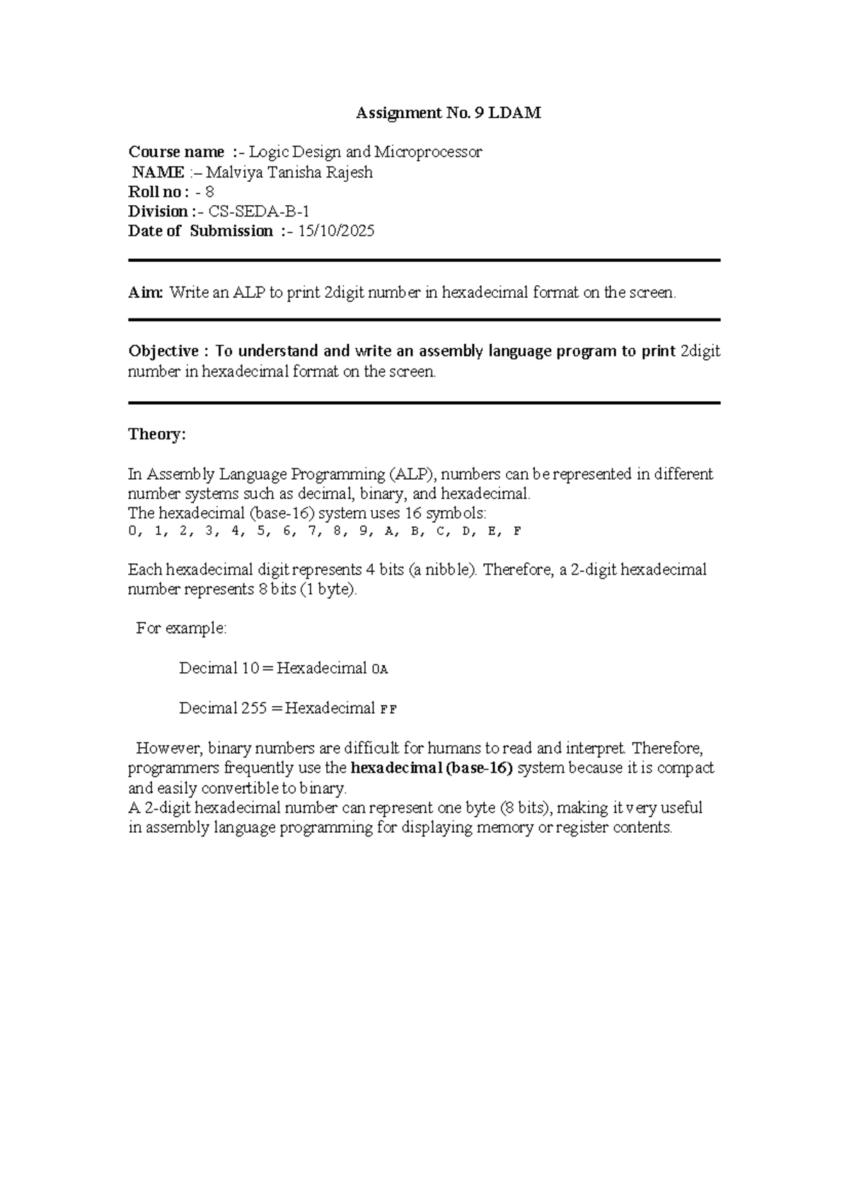 LDAM Assignment 9: ALP for Hexadecimal Number Display - Studocu