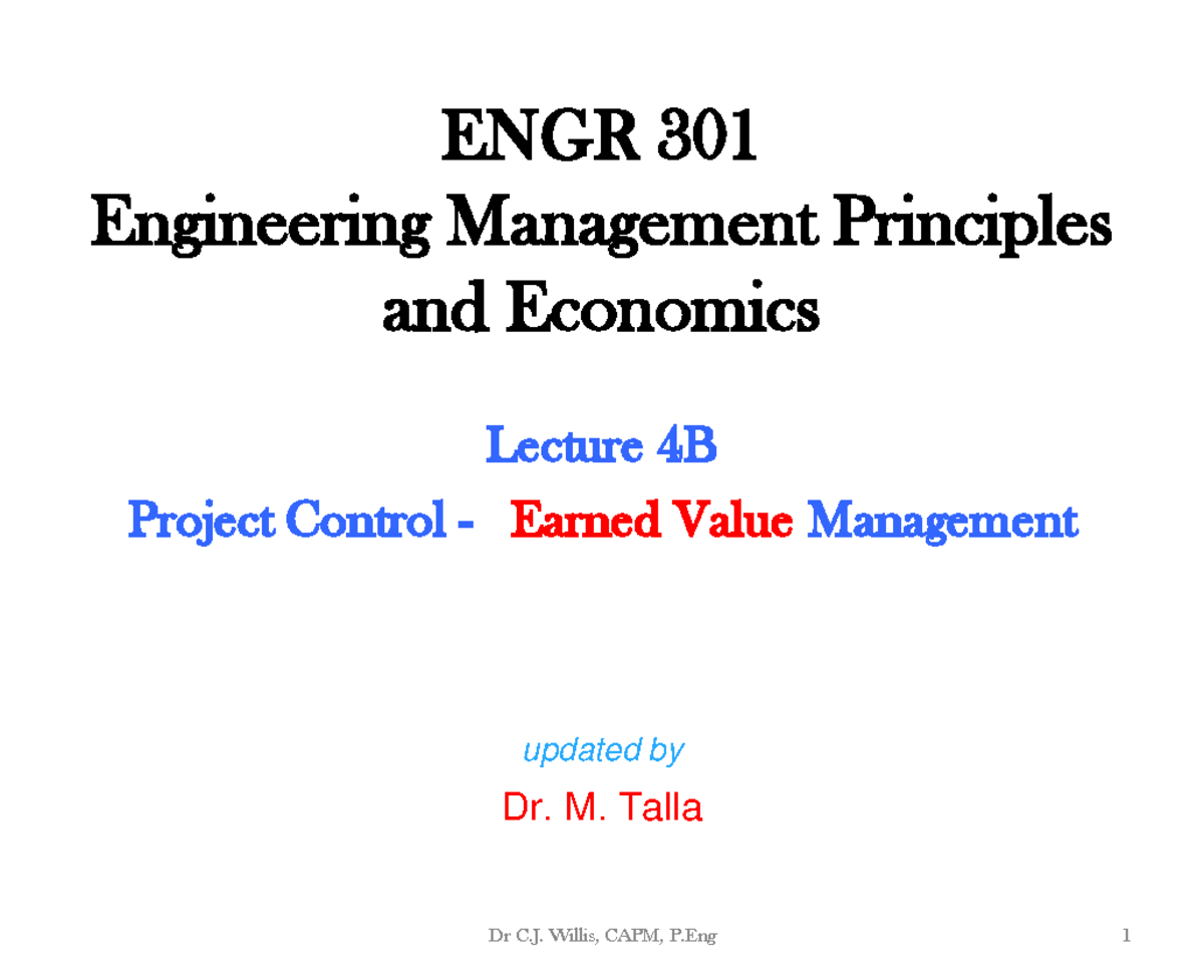 ENGR 301 Lecture 4B: Project Control & Earned Value Management - Studocu