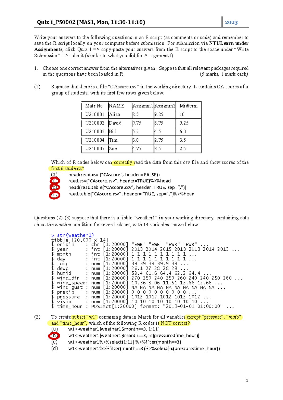 Quiz (MAS1, Mon, 2023) R Script Questions and Answers Guide - Studocu