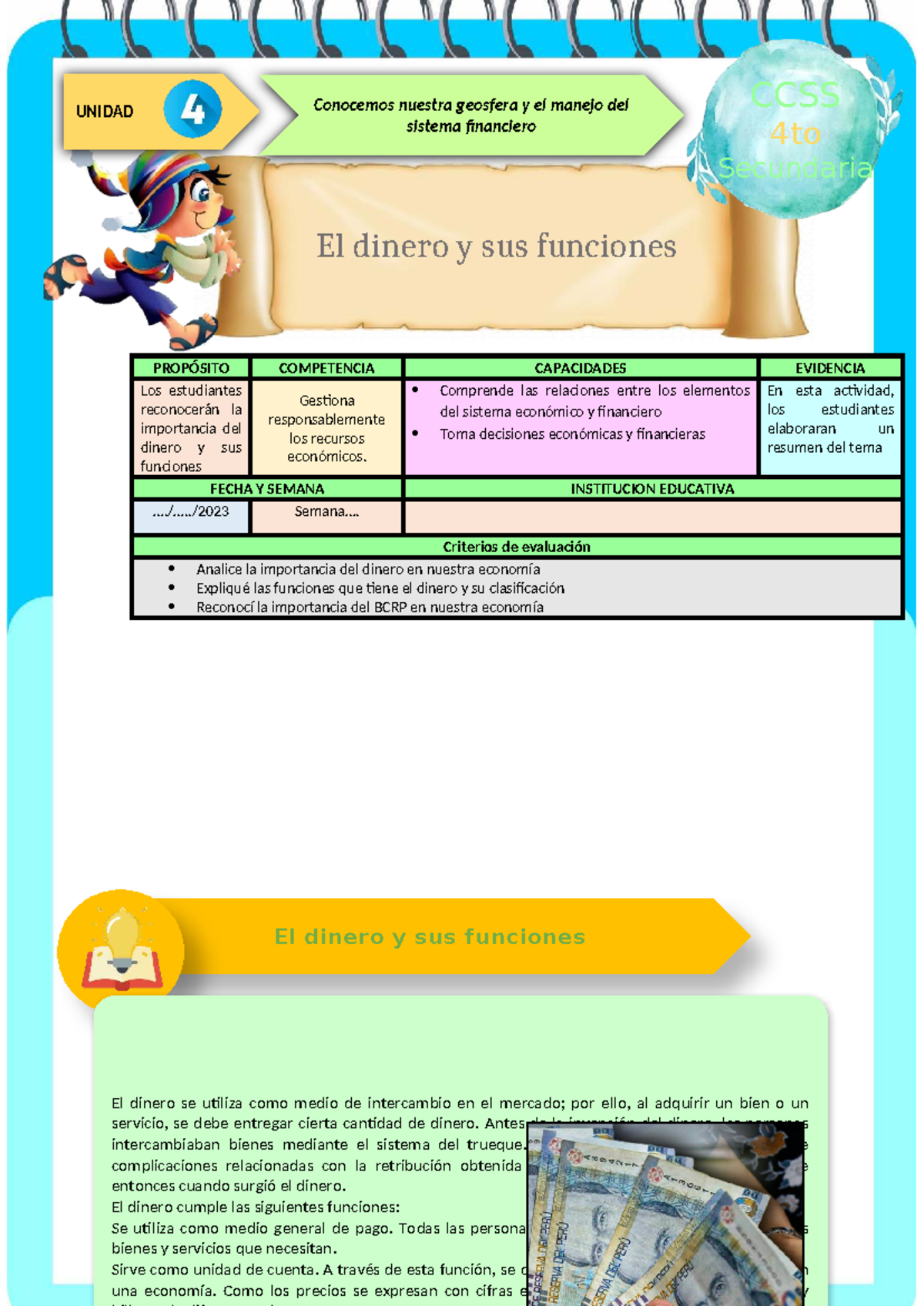 Ficha de Actividad CCSS 4°: El Dinero y sus Funciones en la Economía ...