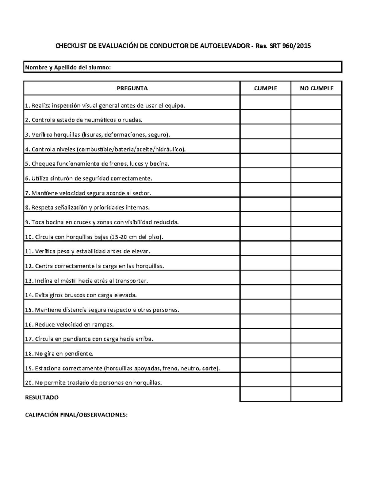 CHECKLIST DE EVALUACIÓN DE CONDUCTOR DE AUTOELEVADOR - Test de Manejo ...