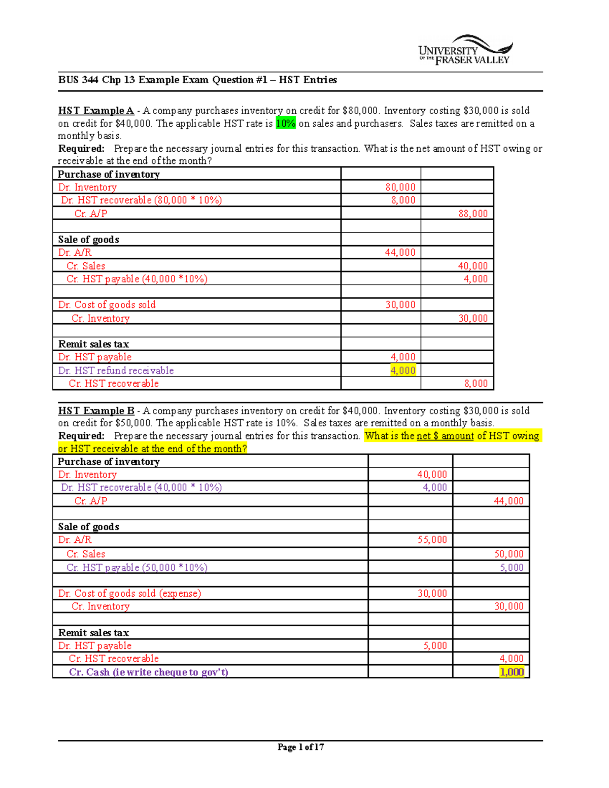 BUS 344 Chp 13 Quiz and Lecture Notes: HST Entries & Journal Examples ...