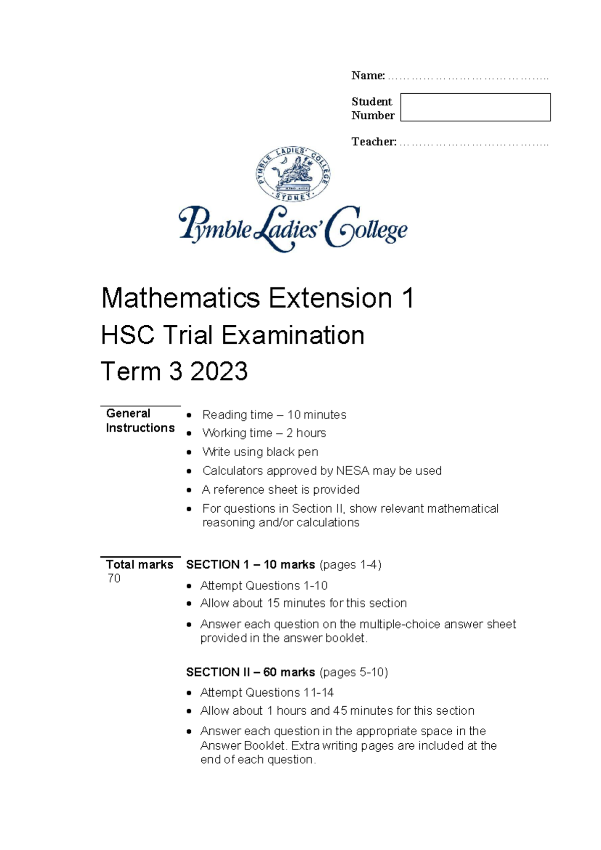 Pymble 2023 3U Mathematics Extension 1 HSC Trial Exam Solutions - Studocu
