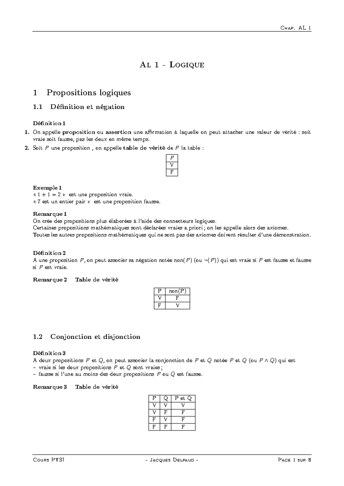 Chap. AL 1: Introduction à la Logique et Propositions Logiques - Studocu