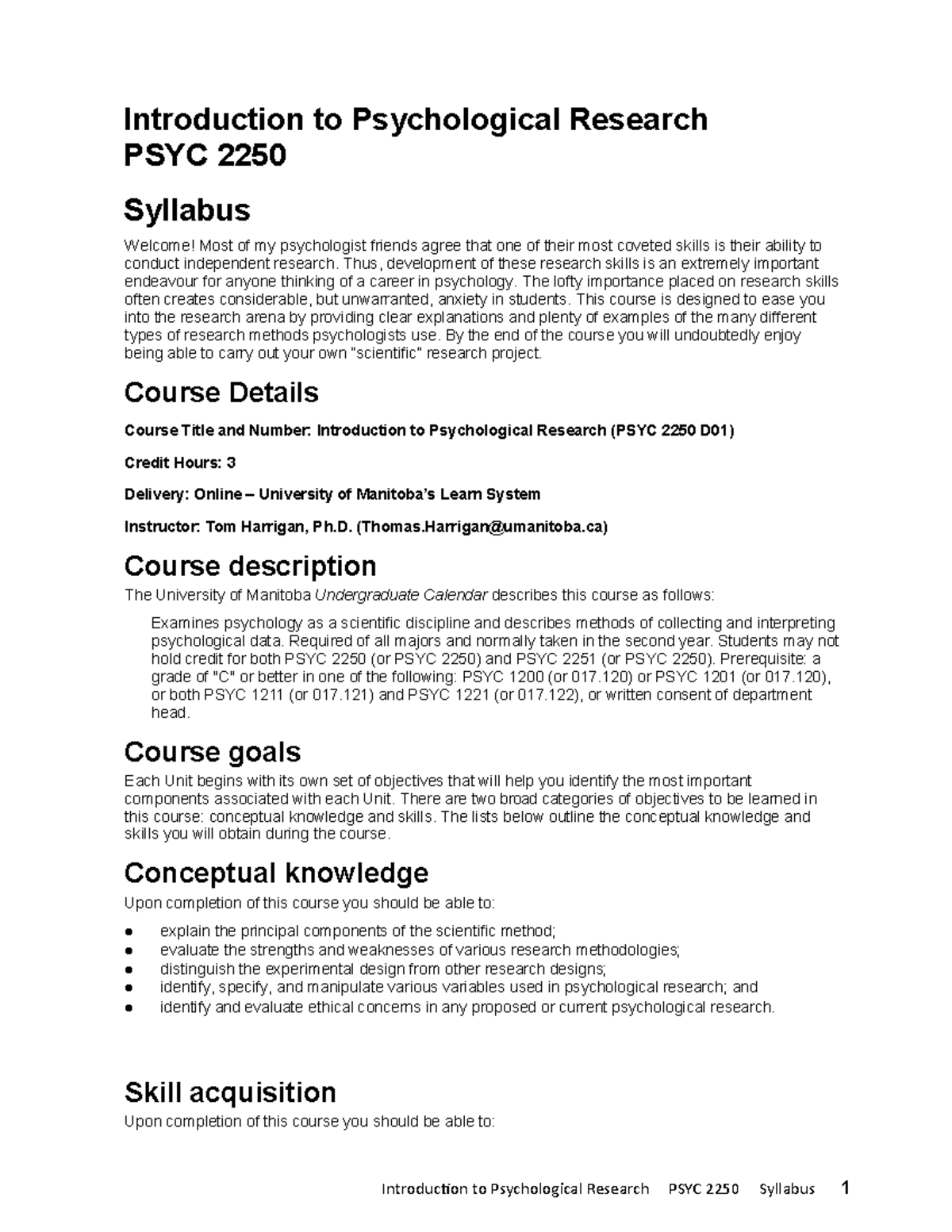 Syllabus for PSYC 2250: Introduction to Psychological Research (Summer ...