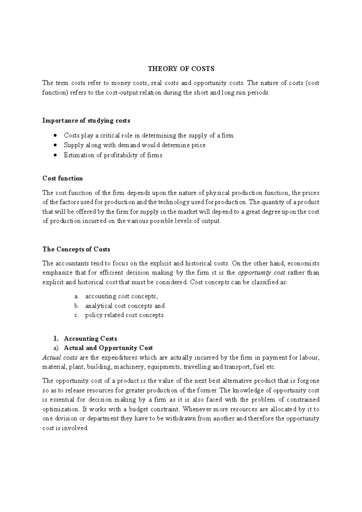 Costs Theory Notes - Understanding Cost Functions and Concepts - Studocu