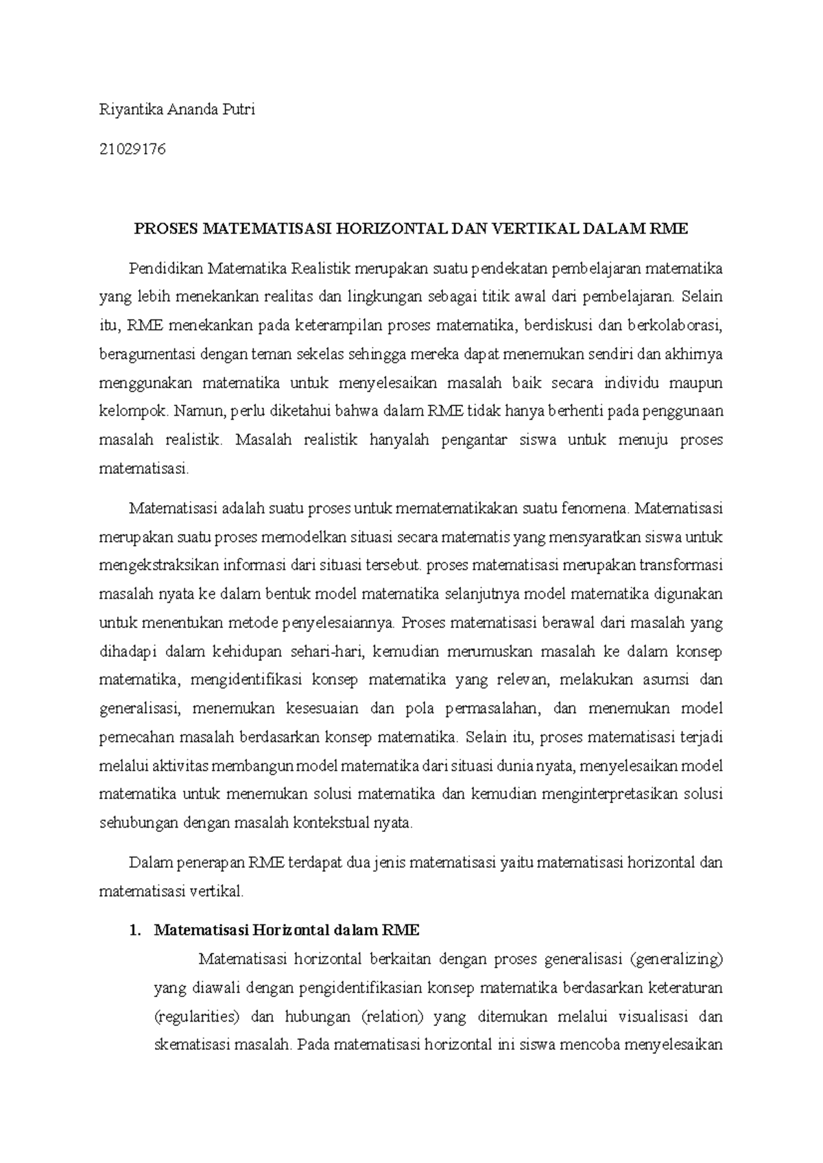 Resume PMRI 4: Proses Matematisasi Horizontal & Vertikal dalam RME ...