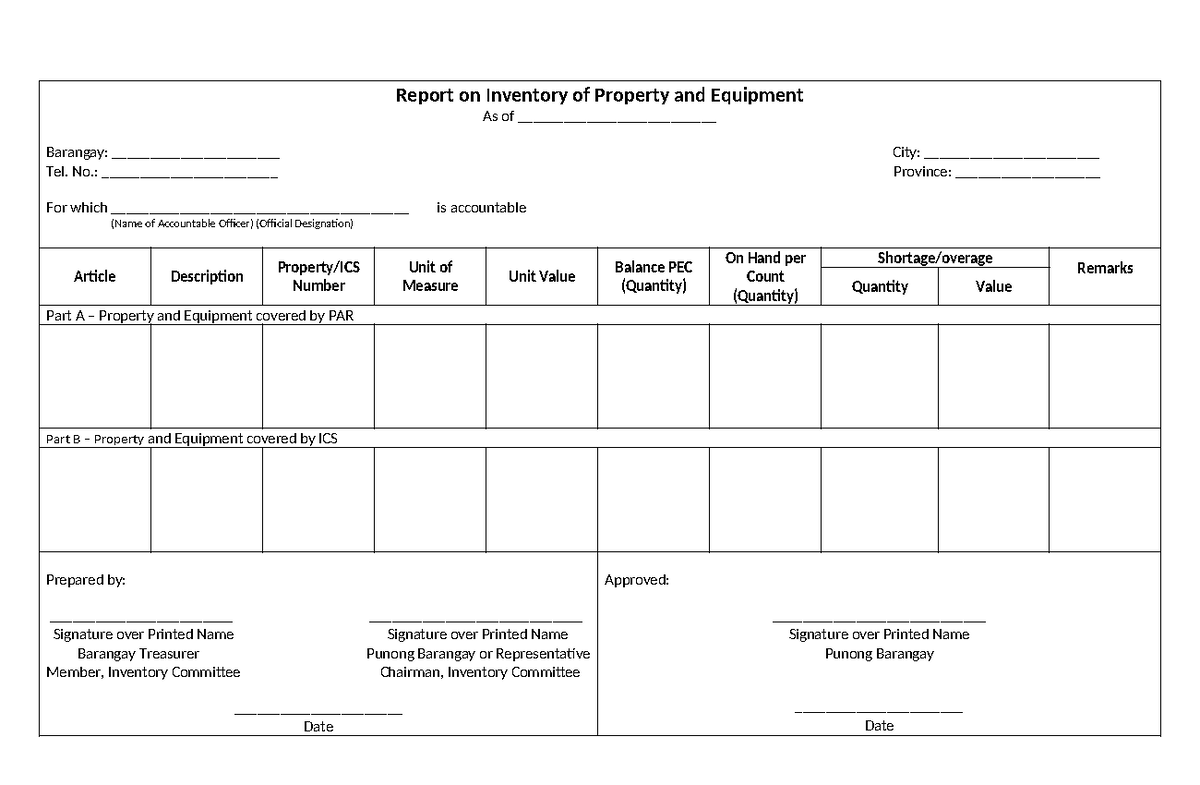 Inventory Report of Property & Equipment for Barangay - Studocu