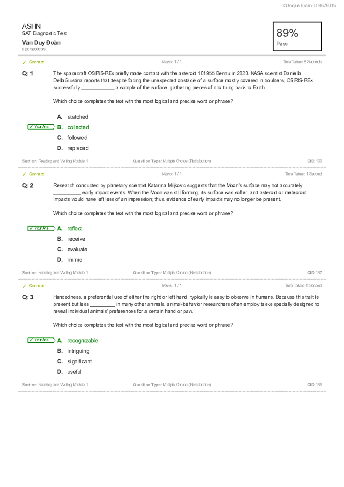 SAT Diagnostic Test Results - Louis Nguyen's Exam Report - Studocu
