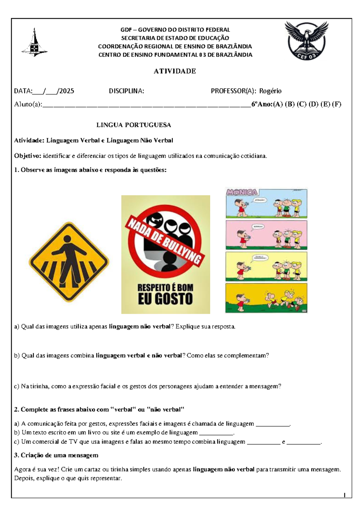 Linguagem Verbal e Não Verbal - Atividade para 6º Ano de Língua ...