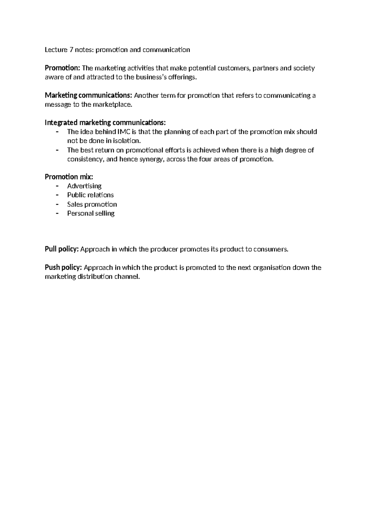 Lecture 7 notes - Lecture 7 notes: promotion and communication ...