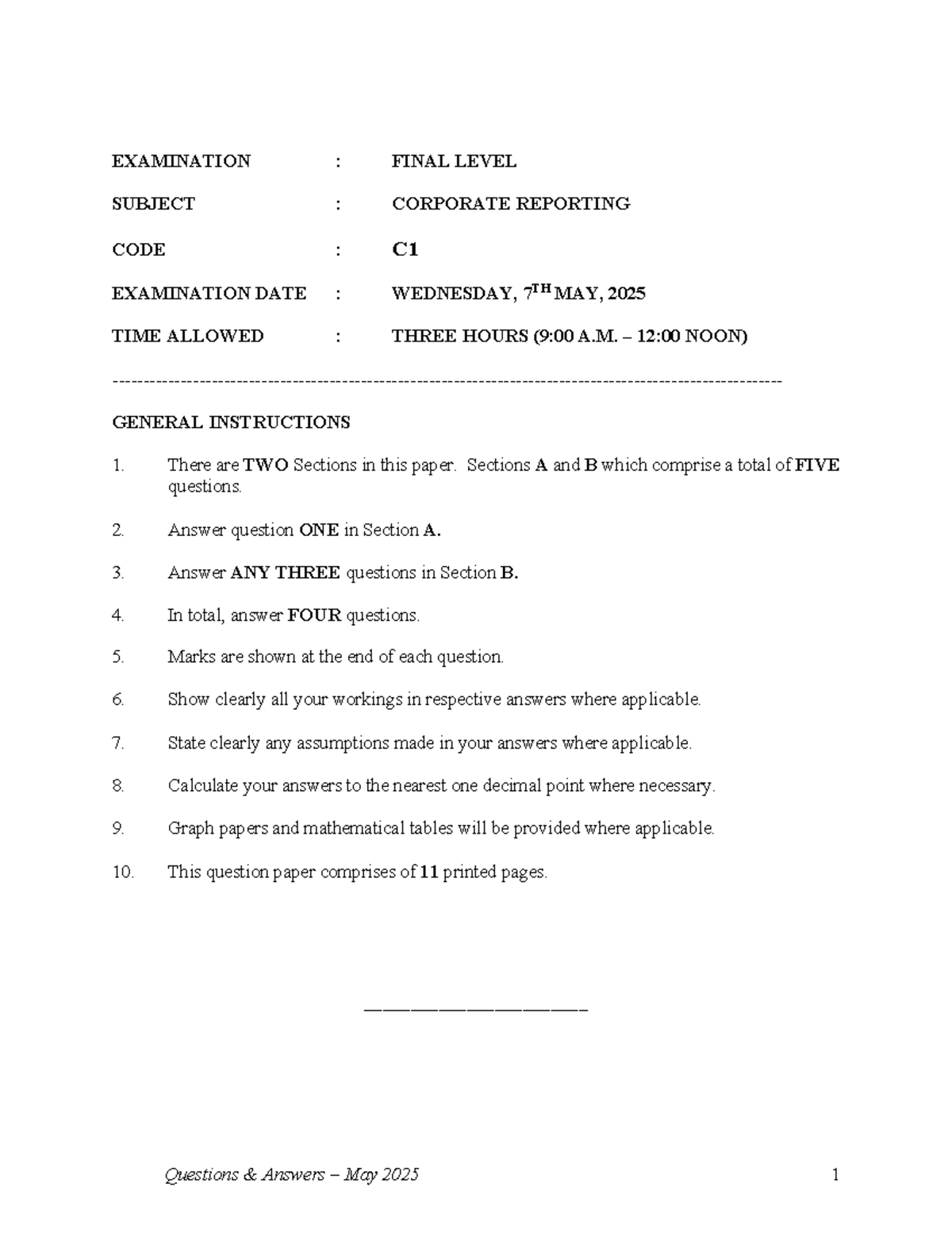 C1 MAY 2025 FINAL EXAM: CORPORATE REPORTING QUESTIONS & ANSWERS - Studocu