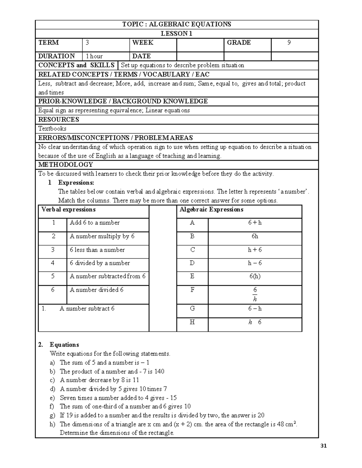 TERM 3 ALGEBRAIC EQUATIONS LESSONS 1-10 GRADE 9 STUDY NOTES - Studocu