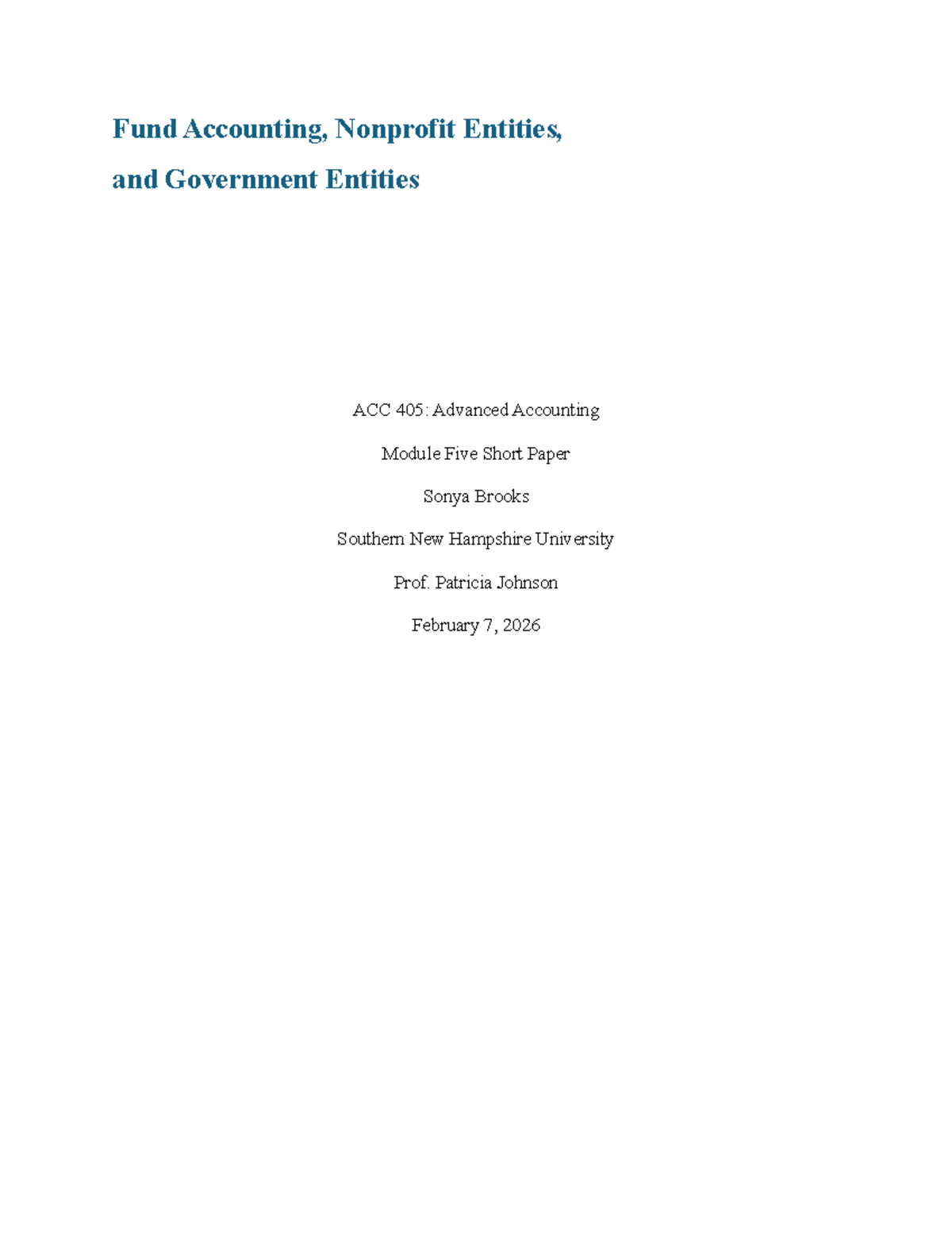 Module 5 Short Paper: Fund Accounting Principles & Standards ACC 405 ...