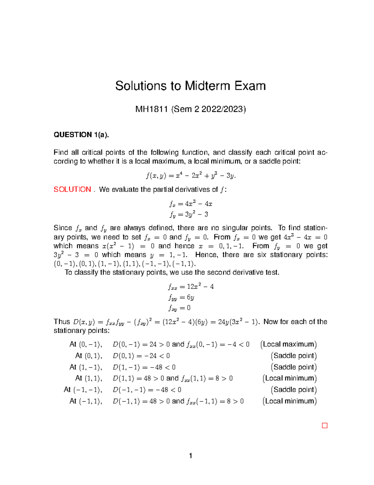 MH1811 2223 SEM2 Midterm Exam Solutions and Critical Points Analysis ...