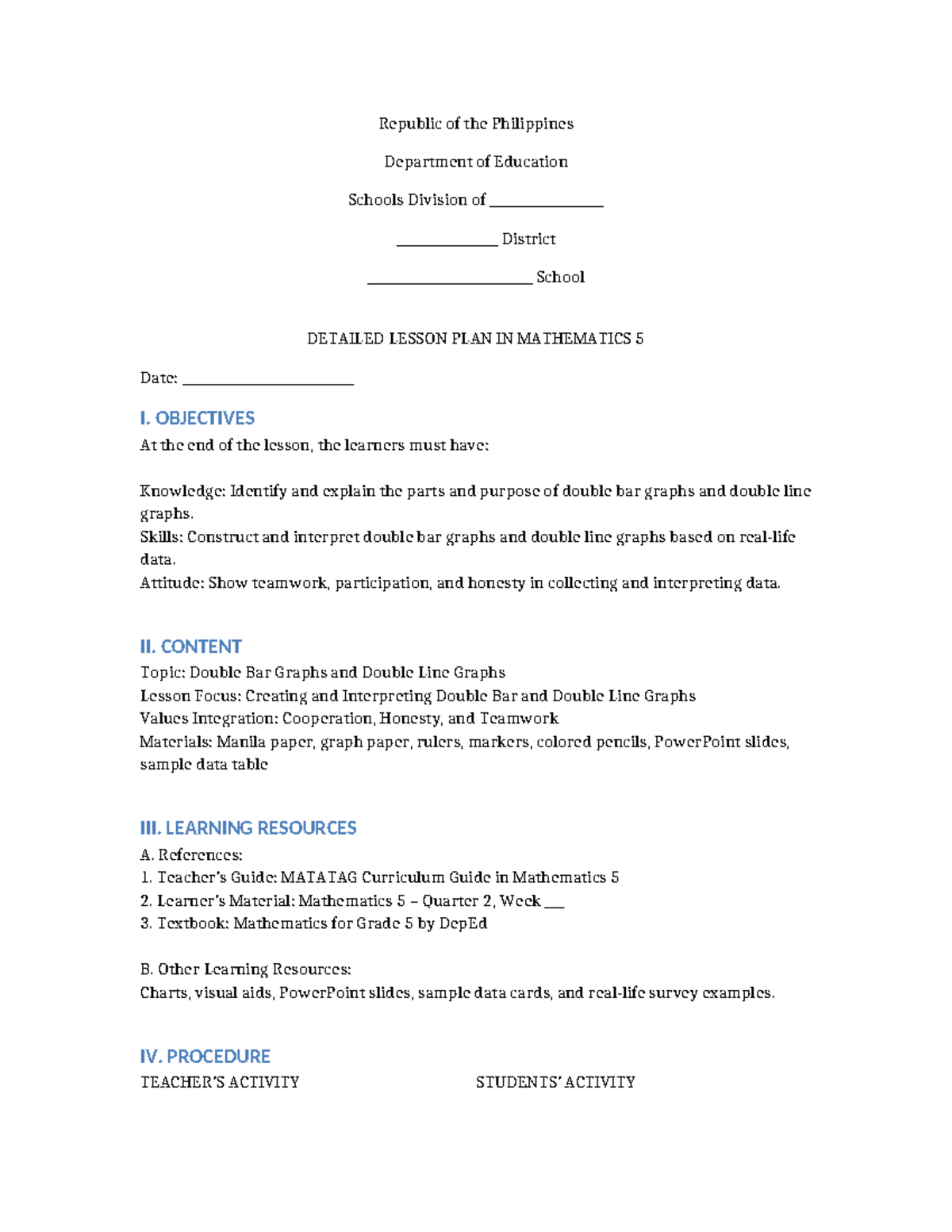 Detailed Lesson Plan in Mathematics 5: Double Bar & Line Graphs - Studocu