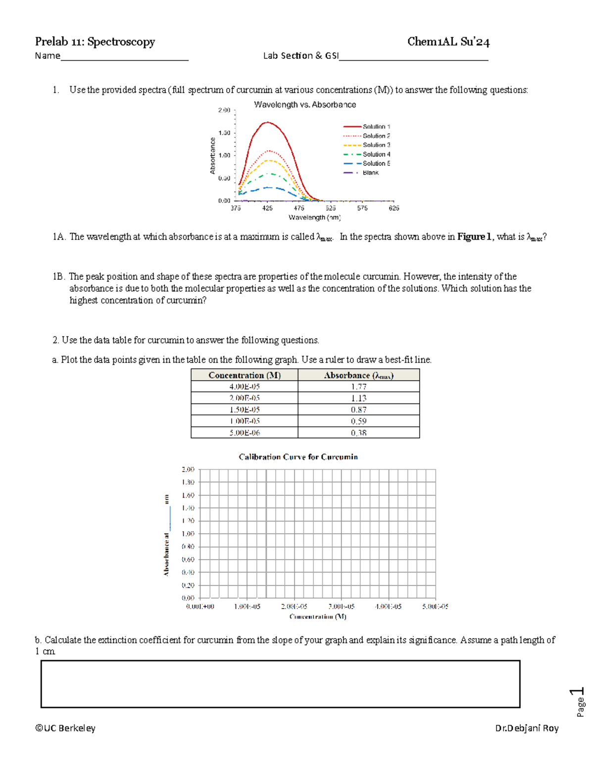 Chem1AL Exp 11: Pre-Lab on Spectroscopy & Curcumin Analysis - Studocu