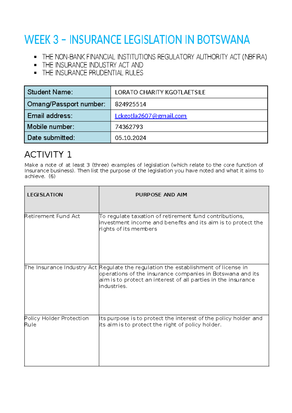 LTI Week 3 - Insurance Legislation & Case Studies Analysis - Studocu
