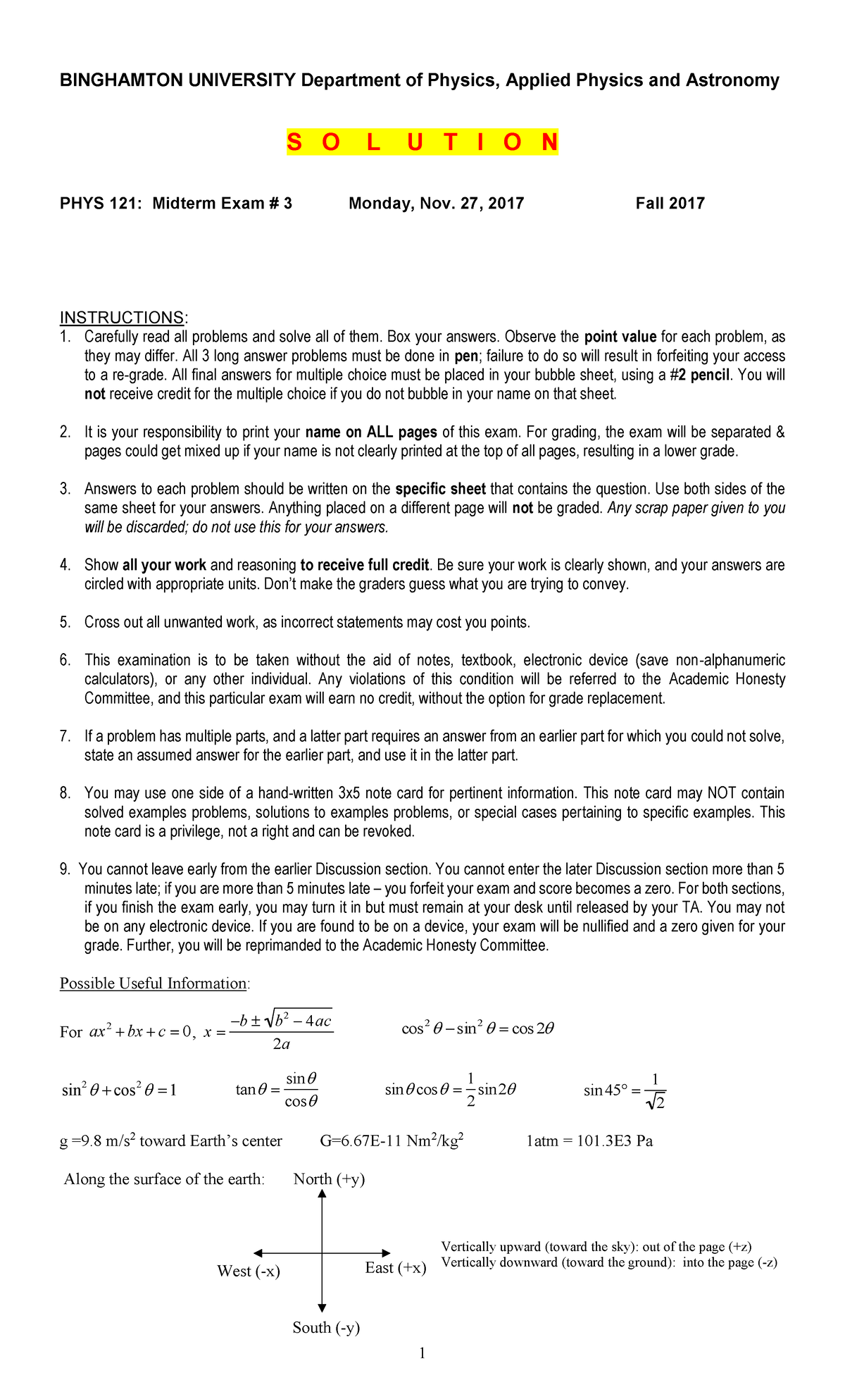 Fall 2017 exam SOLUTIONS - BINGHAMTON UNIVERSITY Department of Physics ...