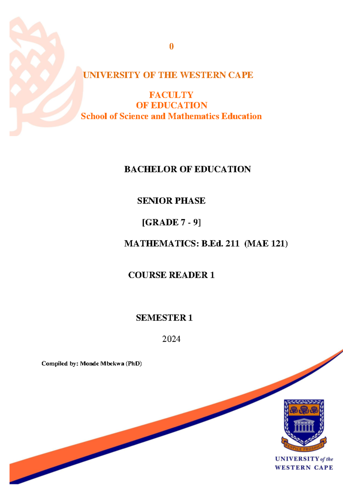 Mathematics Course Reader: B.Ed. 211 (MAE 211) – Semester 1 2024 - Studocu