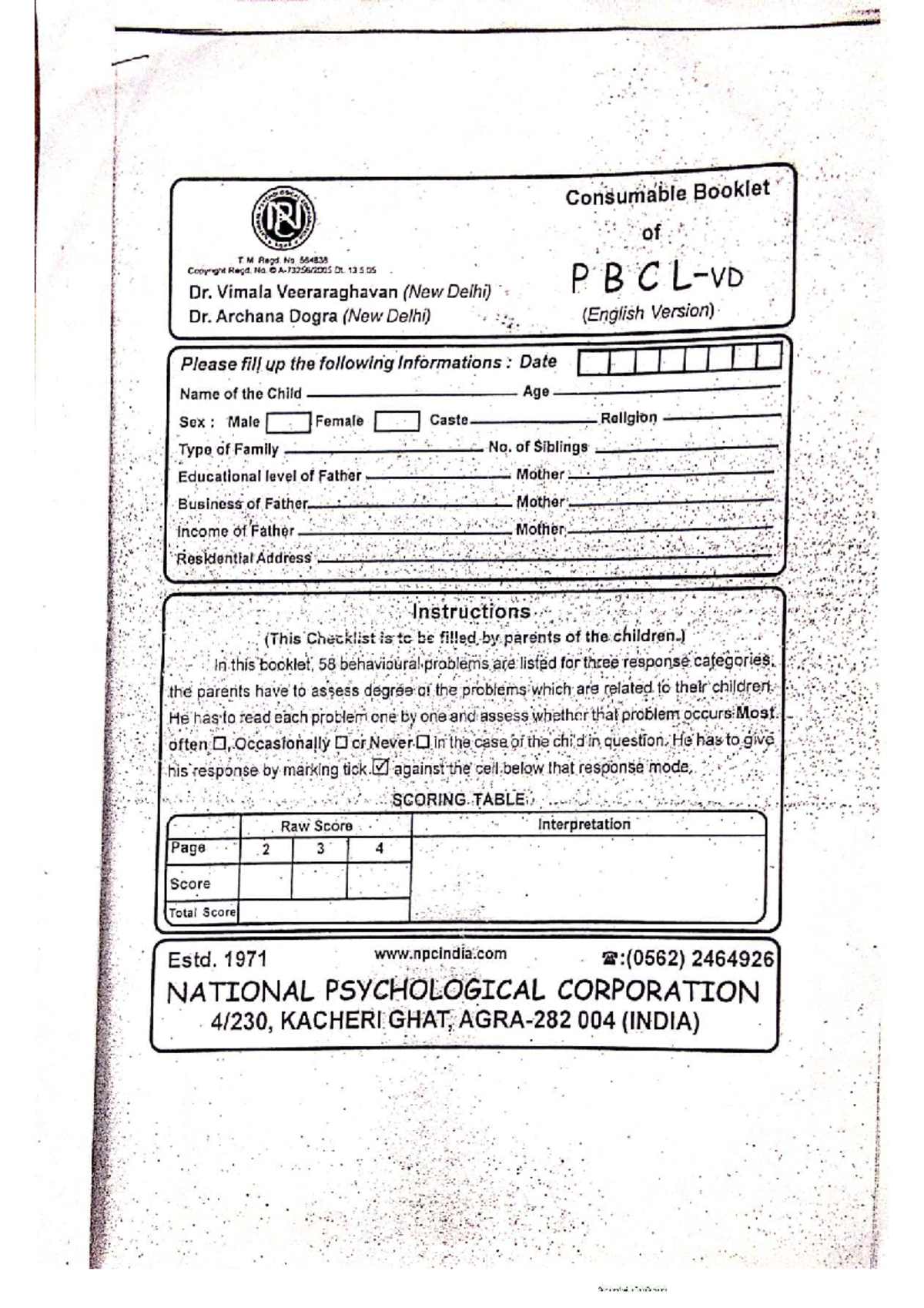 PBCL Assessment - Questionnaire for Problem Behavior Checklist - Studocu