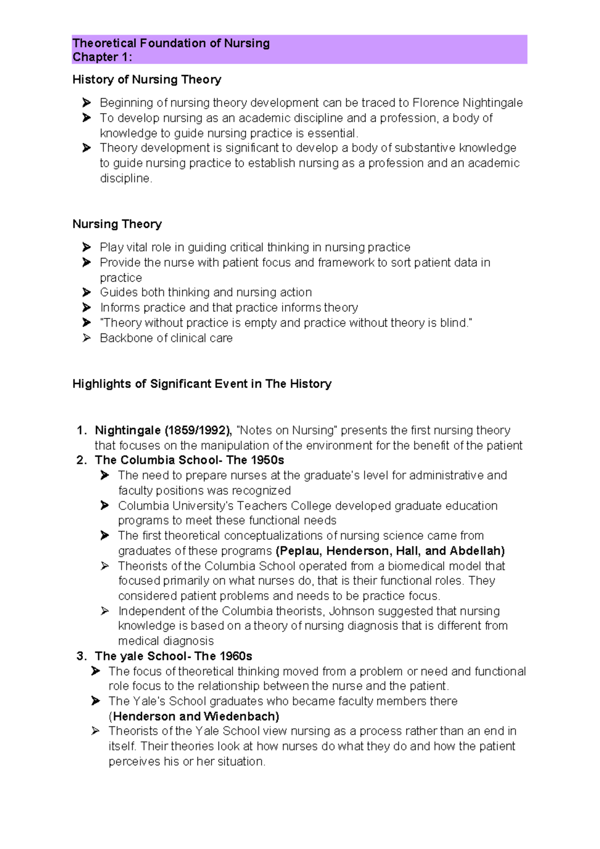 NUR 101: Chapter 1 - History of Nursing Theory Notes - Studocu