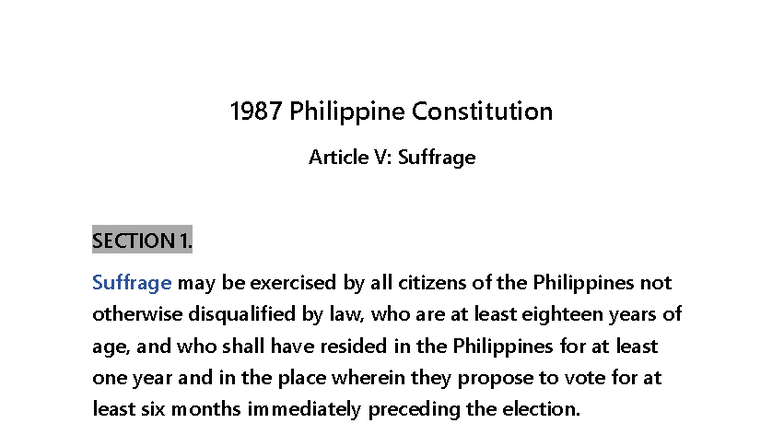 1987 Philippine Constitution Article V: Suffrage - Lecture Notes - Studocu