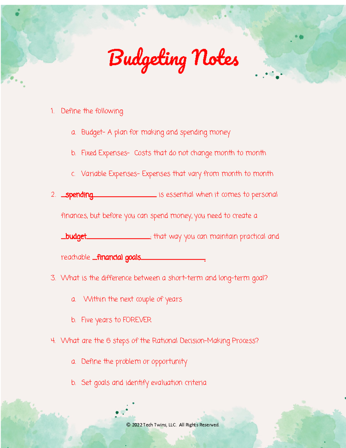 2-Budgeting Notes sam - Budgeting Notes Define the following: a. Budget ...