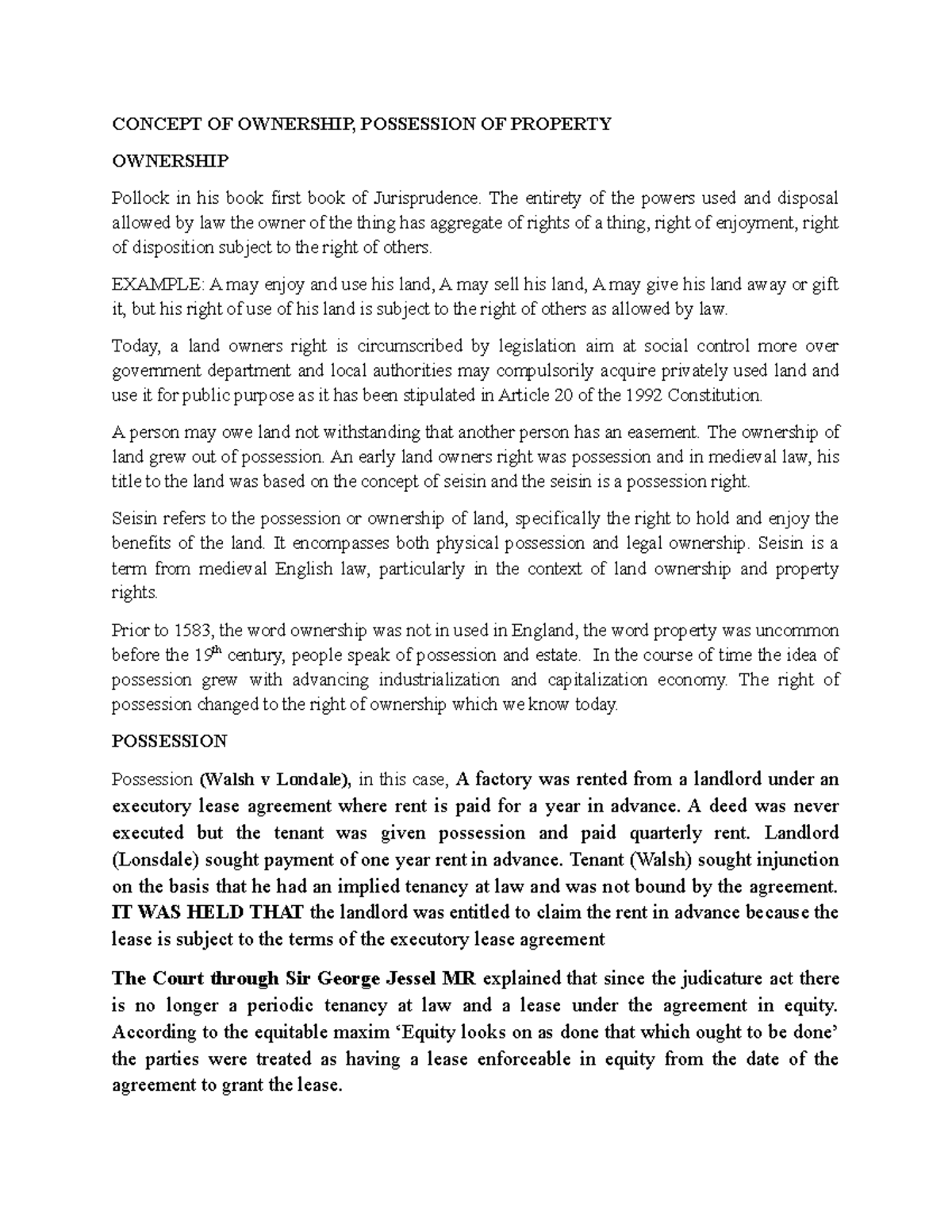 LAND LAW Notes - very insightful - CONCEPT OF OWNERSHIP, POSSESSION OF ...